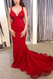 Charming Red V-Neck Mermaid Open Back Applique Prom Dress Dresses