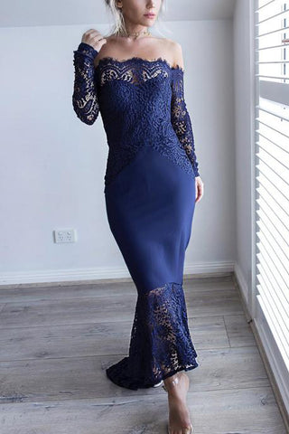 Dark Navy Off Shoulder Mermaid Long Sleeves Lace Party Dress