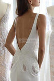 Sexy White Deep V-Neck Open Back Applique Slit Wedding Dress Dresses