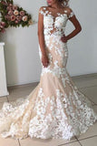 Honest Mermaid Applique Backless Cap Sleeves Tulle Wedding Dress Dresses