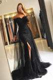 Black Mermaid Long Sleeves Beaded Off Shoulder Slit Lace Prom Dress Dresses