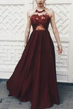 Burgundy See-Through A-Line Halter Sleeveless Applique Prom Dress Dresses