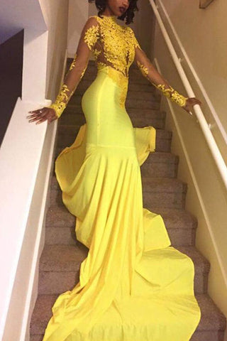 Yellow Mermaid High Neck Long Sleeves Applique Long Evening Dress