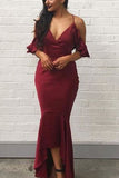 Burgundy Mermaid High Low Off Shoulder Asymmetrical Prom Gown Dresses