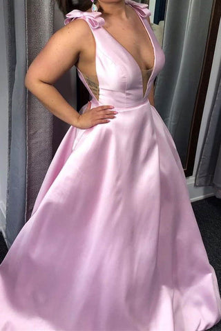 Schlichtes rosa Ballkleid mit V-Ausschnitt, langem Ballkleid und Schleife