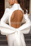 Delicate White Long Sleeves Deep V-Neck Wedding Dress With Big Bow Dresses