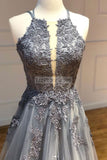 Elegant Gray A-Line Open Back Applique Prom Dress Evening Gown Dresses