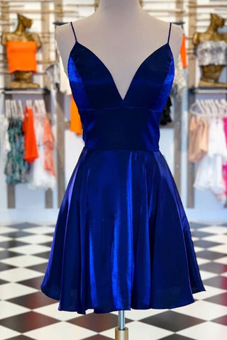 Robe de bal de fin d'année simple bleu royal à col en V et bretelles spaghetti