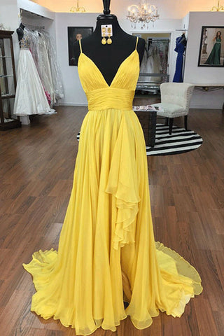 Robe de bal trapèze jaune à volants et dos ouvert, bretelles spaghetti