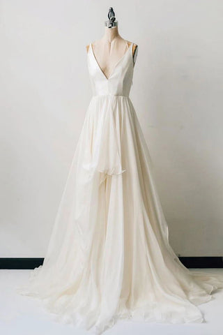 Robe de mariée élégante ivoire trapèze à col en V profond