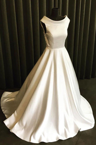 Schlichtes, weißes, ärmelloses Bateau-Ballkleid-Hochzeitskleid