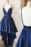 Dark Navy High Low Deep V-Neck Spaghetti Straps Prom Dress Dresses