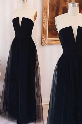 Robe de bal noire chic trapèze sans bretelles à col en V et dos ouvert