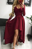 Burgundy Long Sleeves V-Neck High Low Lace Evening Prom Dress Dresses