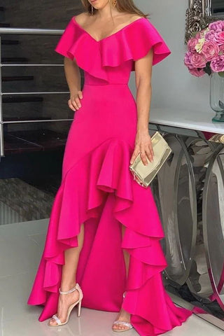 Pink Off Shoulder High Waist Ruffled Prom Gown Evening Dress