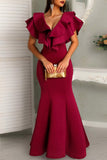 Fuchsia Cap Sleeves Ruffled Mermaid Prom Dress