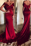 Elegant Burgundy V-neck Off Shoulder Mermaid Long Prom Gown