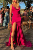 Sexy Fuchsia Cowl Spaghetti Straps Sleeveless Slit Prom Dress