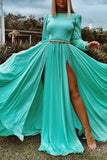 Elegant Mint Long Sleeves A-line Two Slit Long Dress Prom Gown