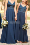 Dark Navy Spaghetti Straps V-Neck A-Line Long Bridesmaid Dress Dresses