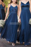 Dark Navy Spaghetti Straps V-Neck A-Line Long Bridesmaid Dress Dresses