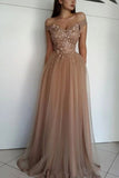 Champagne Off Shoulder Beaded Rhinestone A-line Evening Dress