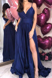 Navy Blue Spaghetti Straps Sleeveless A-line Prom Evening Dress.