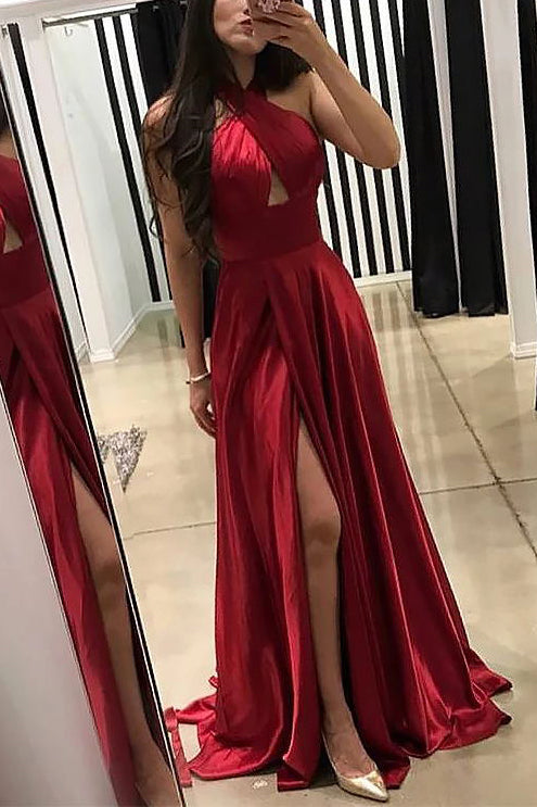 Sexy Dark Red Sleeveless Cut Out Halter Slit Long Prom Dress