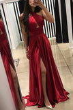 Sexy Dark Red Sleeveless Cut Out Halter Slit Cheap Long Prom Dress