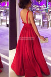 Red Deep V-neck A-Line Backless Ball Gown Evening Prom Dresses.