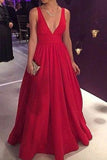 Red Deep V-neck A-Line Backless Ball Gown Evening Prom Dresses.