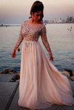 A-line Beaded Prom Dress With Long Sleeves.