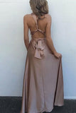 A-line Criss Cross Straps Silk Like Satin V-neck Prom Dress