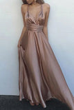 A-line Criss Cross Straps Silk Like Satin V-neck Prom Dress