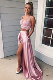 A-line Two Pieces Square Neck Appliques High Slit Prom Dress