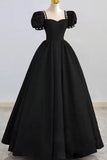 Chic Black A-line Short Sleeves Prom Dress Evening Gown