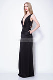 Black Deep Double V-neck Backless Prom Evening Dress