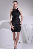 Black-Halter Beaded Satin Mini Prom Dress