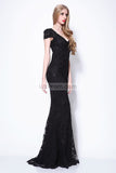 Black Mermaid Cap Sleeves Lace Beaded Wedding Prom Dress Dresses