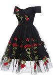 Black Off-the-shoulder Rose Embroidered A-line Prom Dress - Mislish