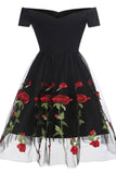 Black Off-the-shoulder Rose Embroidered A-line Prom Dress - Mislish