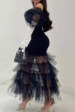 Black See-through Ruffled Short Sleeves Prom Dress