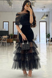 Black See-through Ruffled Short Sleeves Prom Dress