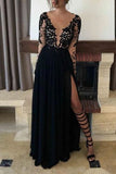 Black A-Line Chiffon Long Sleeves Slit Deep V-Neck Appliques Lace Prom Dress Dresses