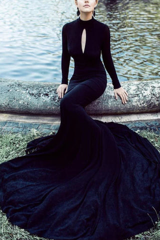 Black High Neck Cut Out Long Sleeves Mermaid Long Prom Dress