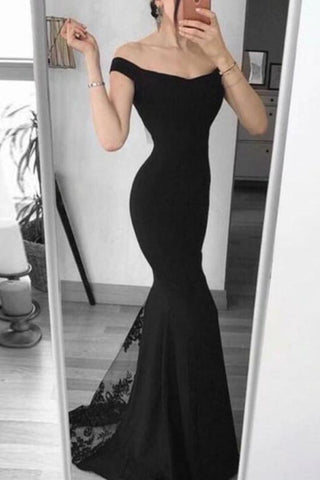 Robe de bal de soirée noire dos nu avec appliques sirène sur l'épaule