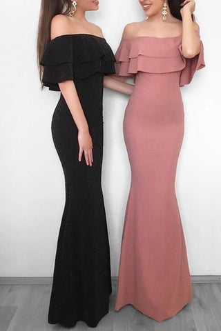 Black Off-the-Shoulder Ruffled Long Evening Dress