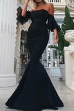 Black Off The Shoulder Half Sleeves Mermaid Evening Prom Dress