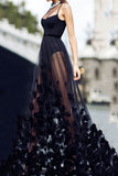 Black Spaghetti Straps See Through Evening Prom Dress