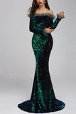 Black Sparkly Off Shoulder Mermaid Long Sleeves Cheap Evening Dress